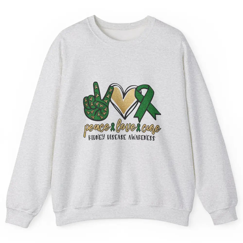 Peace Love Cure Kidney Disease Awareness Green Ribbon Heart Unisex Crewneck Sweatshirt