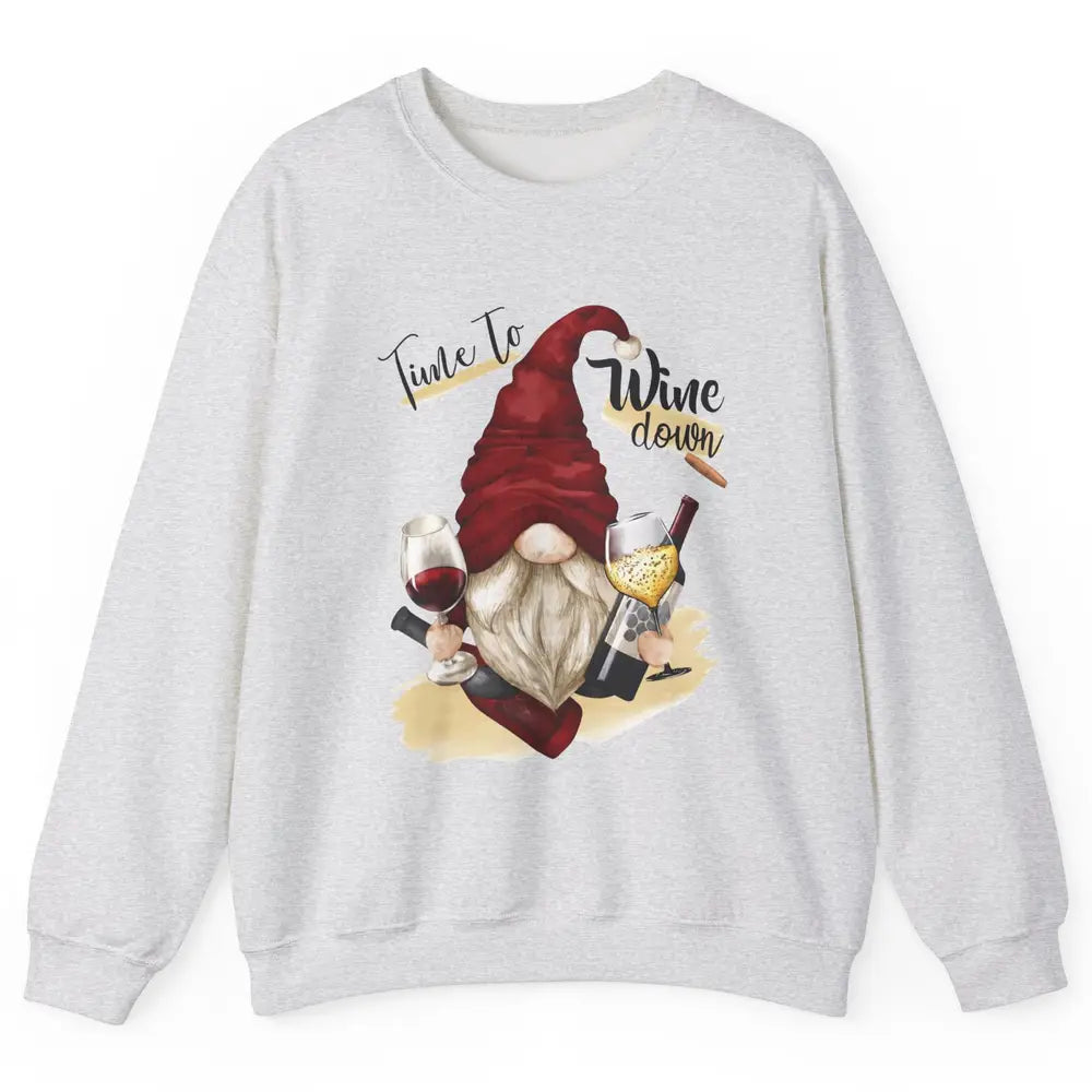 Christmas Gnome Wine It's Time to Wine Down Winter Holiday Unisex Crewneck Sweatshirt