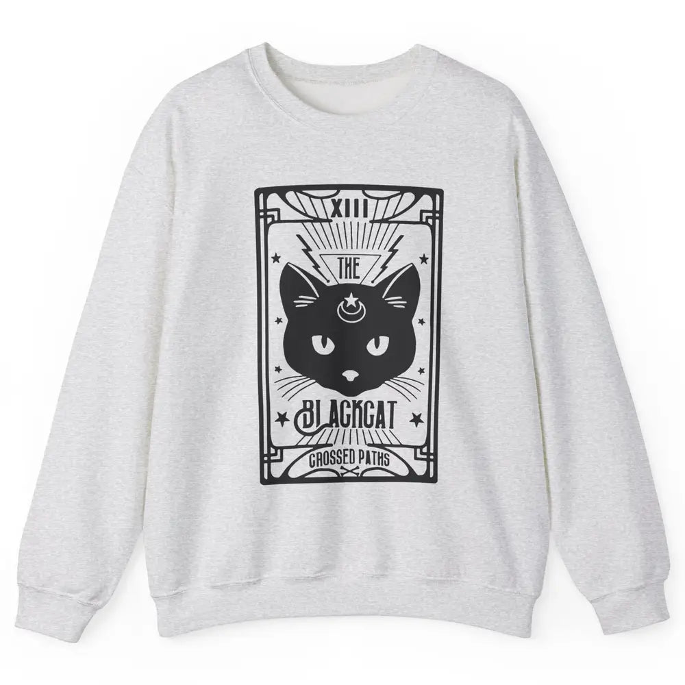 Retro Halloween Black Cat Crossed Path Tarot Card Witchcraft Unisex Crewneck Sweatshirt