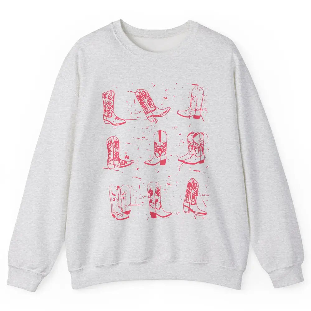 Retro Pink Cowboy Boots Western Valentine Cowgirl Gift Unisex Crewneck Sweatshirt