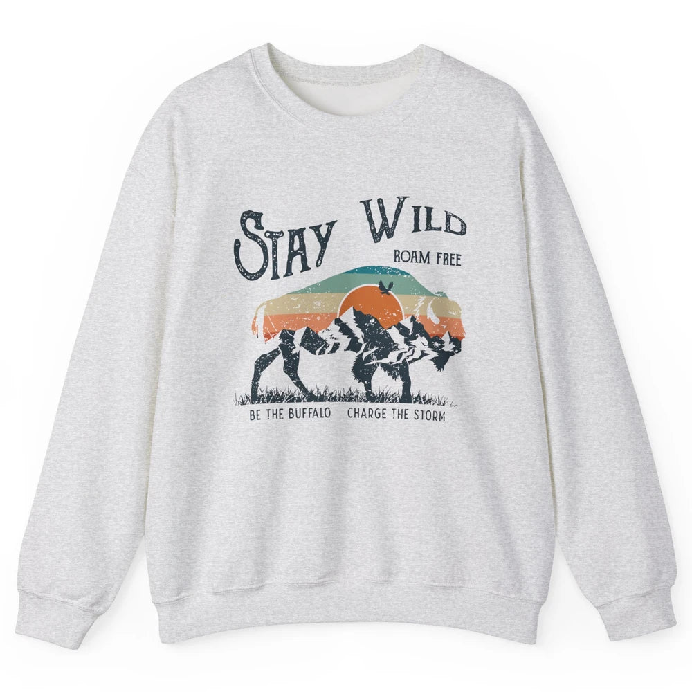 Retro Buffalo Mountain Sunset Stay Wild Roam Free Western Unisex Crewneck Sweatshirt