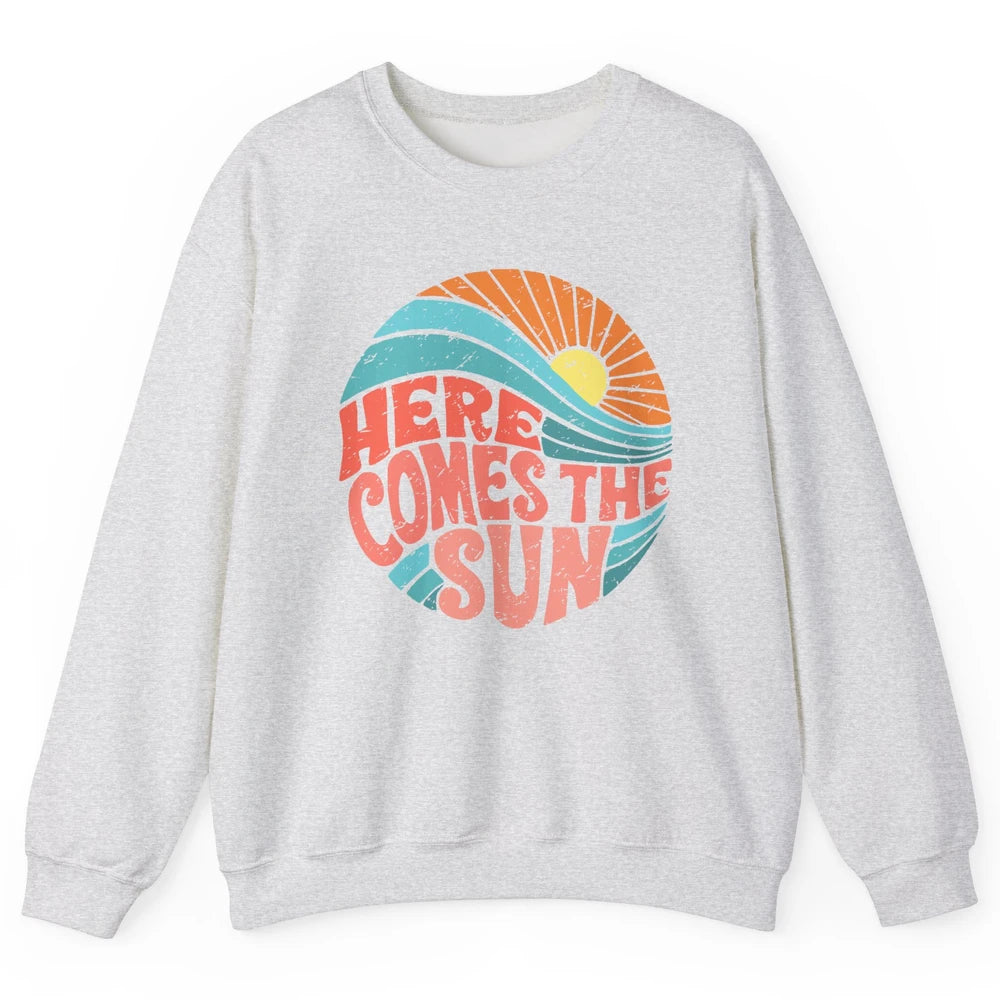 Retro Rainbow Sunrise Here Comes The Sun Hippie Girl Unisex Crewneck Sweatshirt