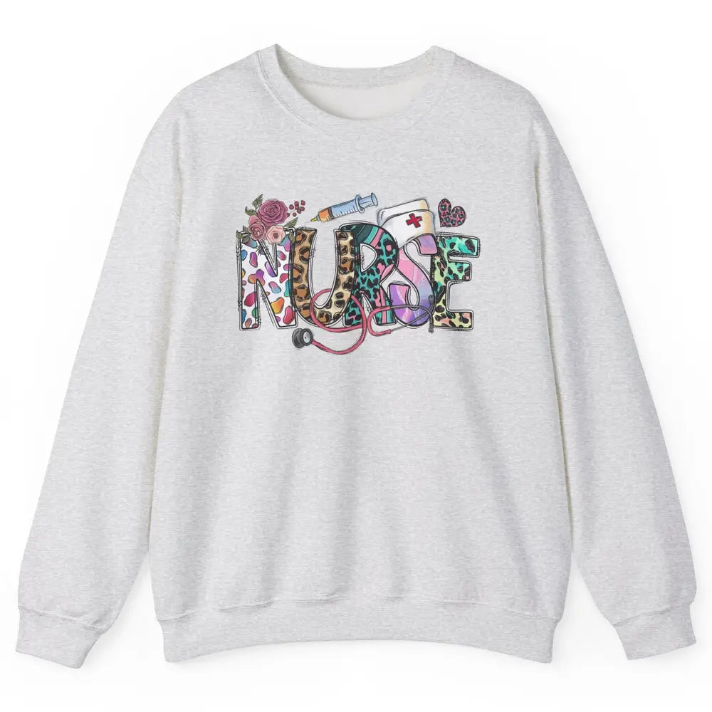 Nurse Life Nursing Registered Therapist Leopard Flower Boho Unisex Crewneck Sweatshirt