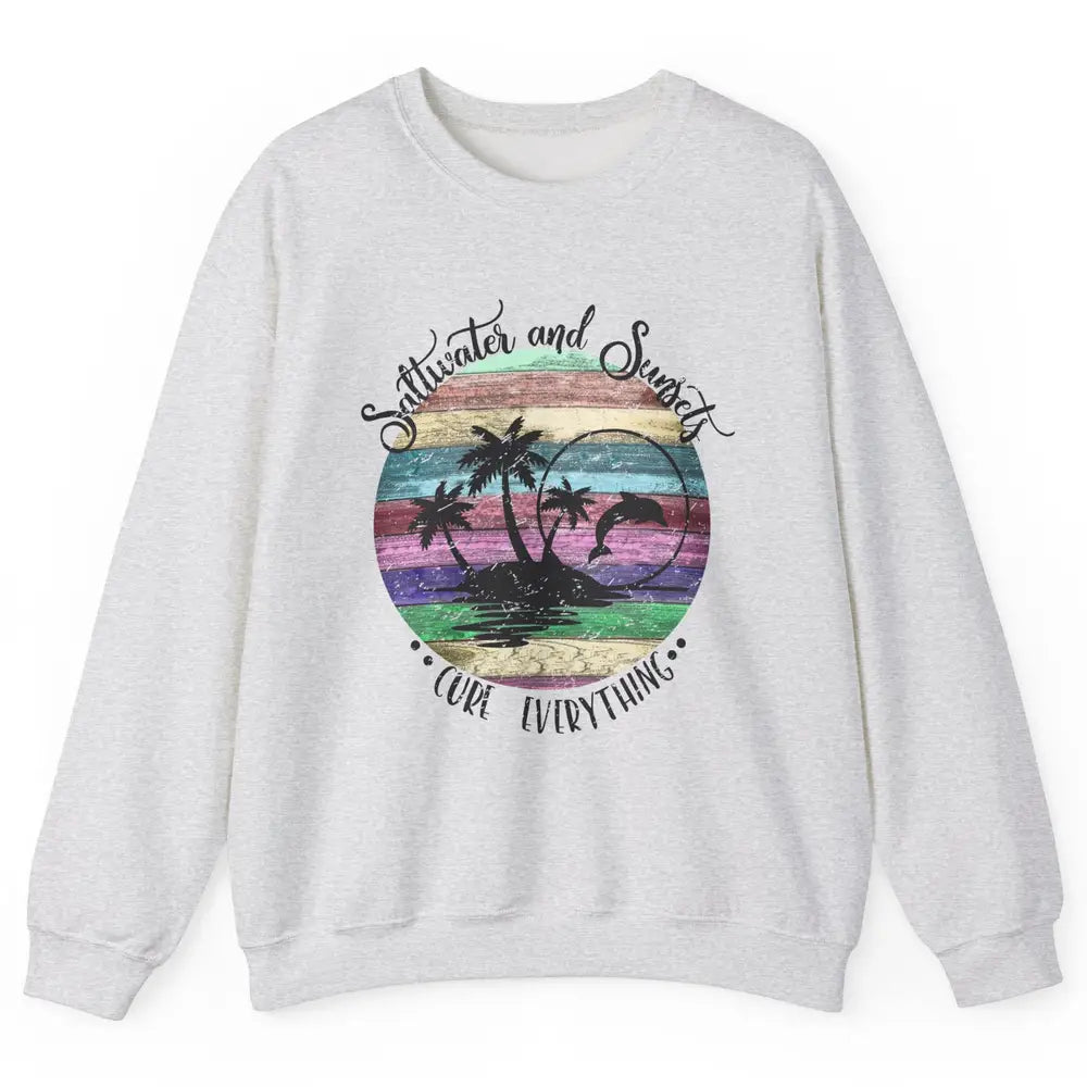 Retro Beach Sunset Saltwater and Sunsets Cure Everything Unisex Crewneck Sweatshirt