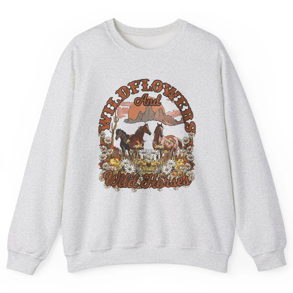 Retro Floral Desert Wildflowers Wild Horses Western Country Unisex Crewneck Sweatshirt