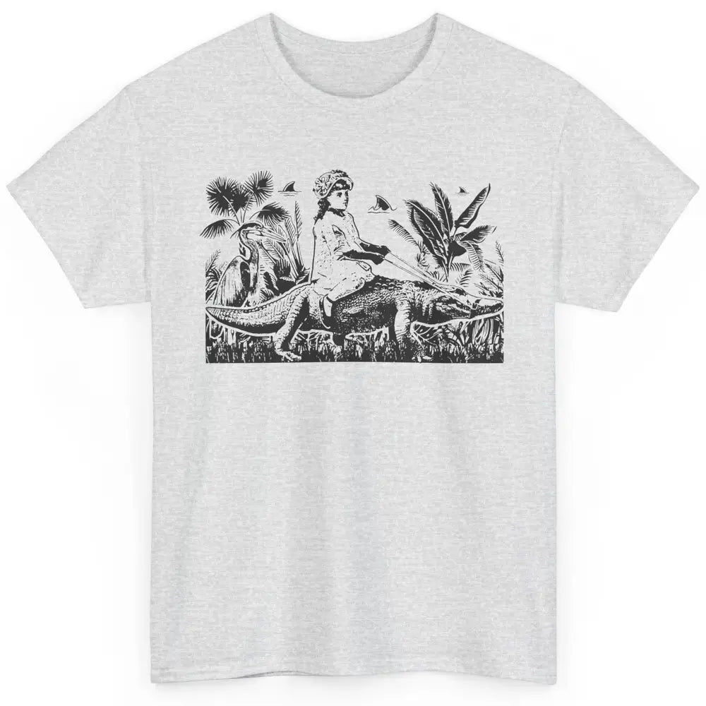 Retro Florida Tropical Land Girl Riding Alligator Summer Classic Unisex T-Shirt