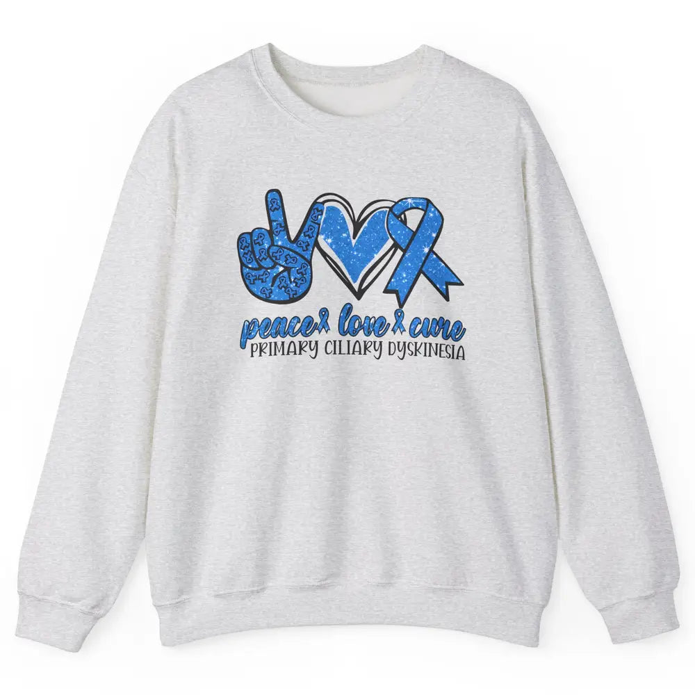 Primary Ciliary Dyskinesia Peace Love Cure Blue Ribbon Unisex Crewneck Sweatshirt