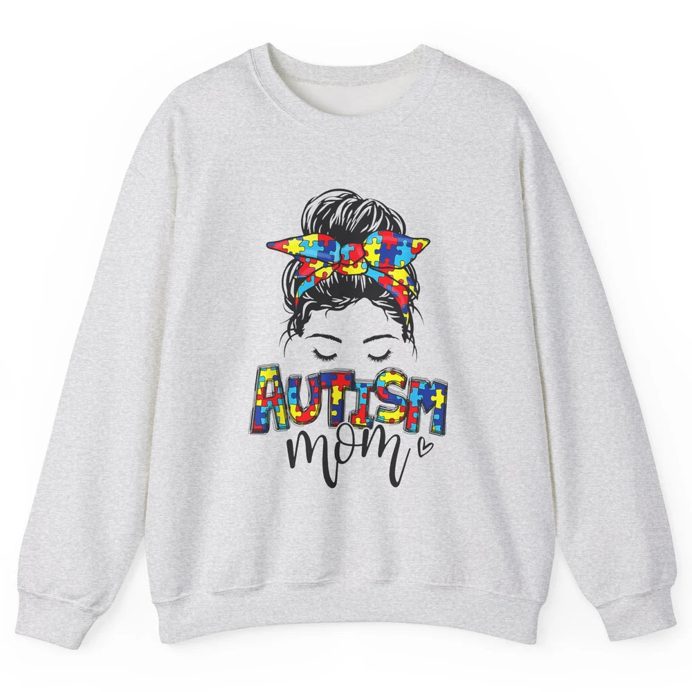 Autism Mom Messy Bun Hair Autism Awareness Puzzle Headband Unisex Crewneck Sweatshirt