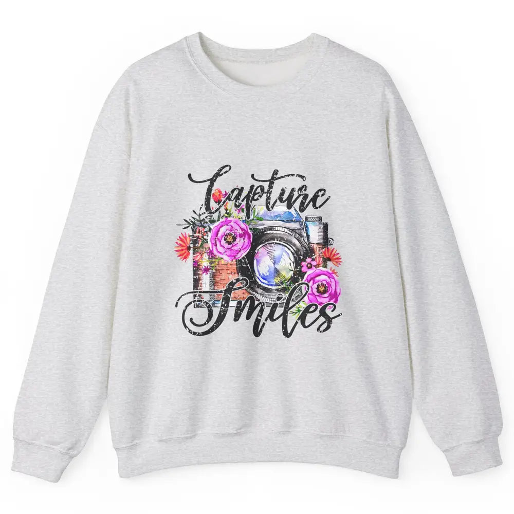 Photography Day Capture Smiles Retro Floral Camera Traveller Unisex Crewneck Sweatshirt
