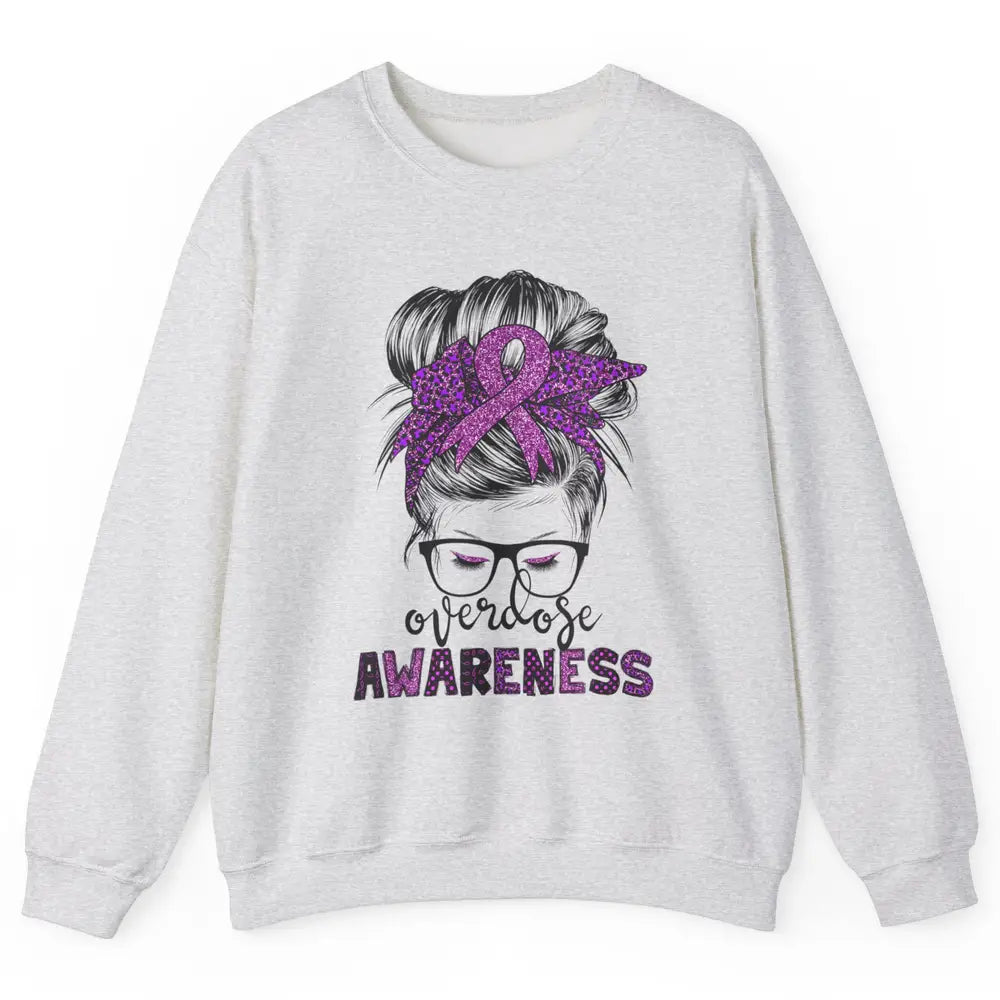 Overdose Awareness Messy Hair Bun Purple Leopard Warrior Unisex Crewneck Sweatshirt