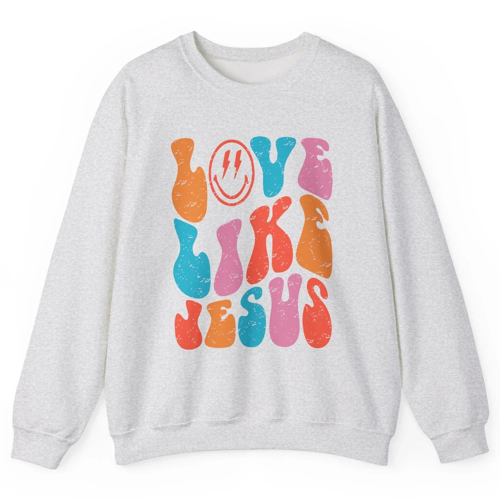 Retro Love Like Jesus Smiling Face Christian Religious Faith Unisex Crewneck Sweatshirt