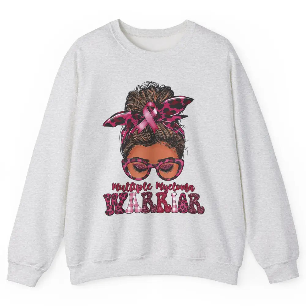 Multiple Myeloma Cancer Warrior Leopard Messy Hair Bun Woman Unisex Crewneck Sweatshirt