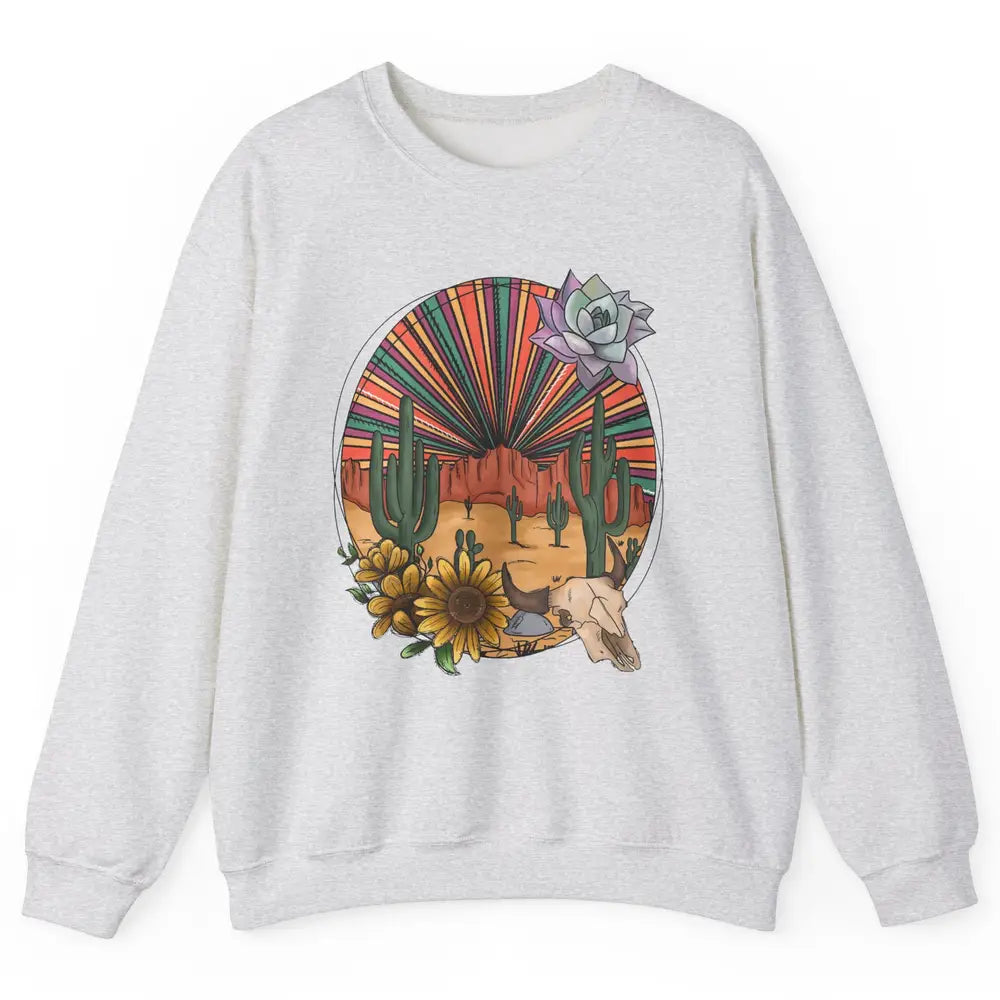 Retro Desert Western Cowboy Boho Skull Cactus Country Cowboy Unisex Crewneck Sweatshirt