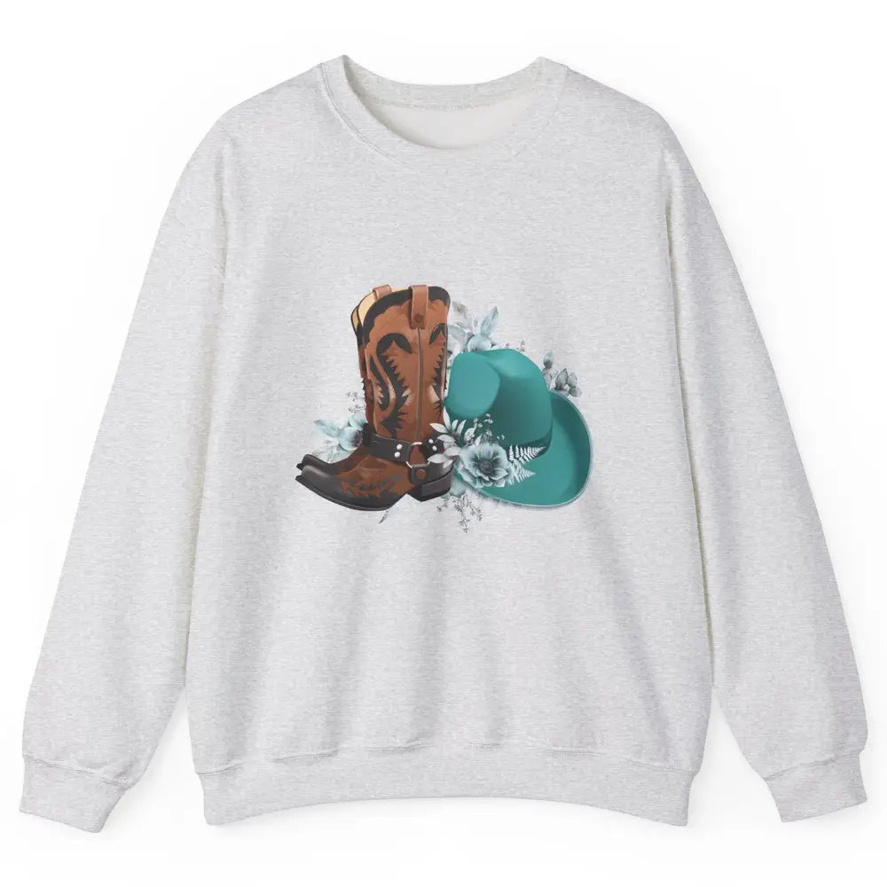 Retro Cowgirl Floral Turquoise Cowboy Boots Rodeo Western Unisex Crewneck Sweatshirt