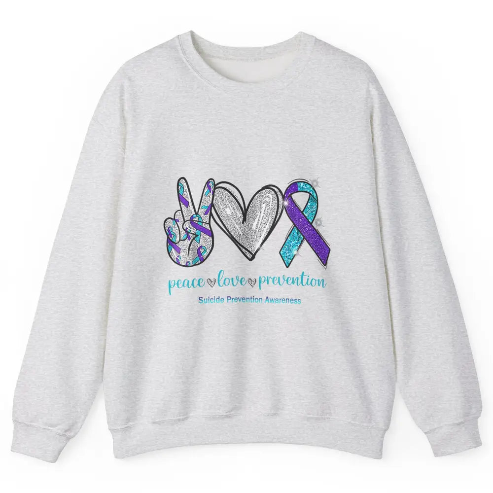 Peace Love Teal Purple Ribbon Suicide Prevention Awareness Unisex Crewneck Sweatshirt