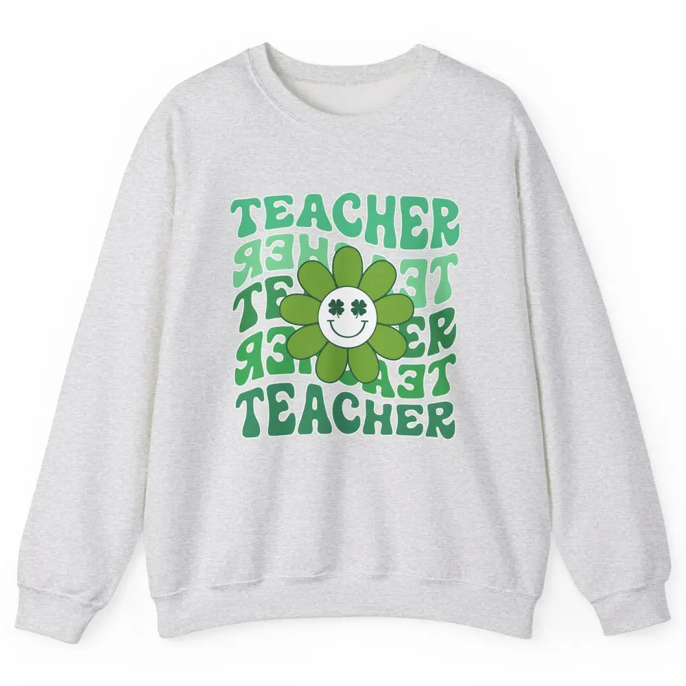 Retro Groovy Wavy Teacher Smiling Face Daisy St Patricks Day Unisex Crewneck Sweatshirt