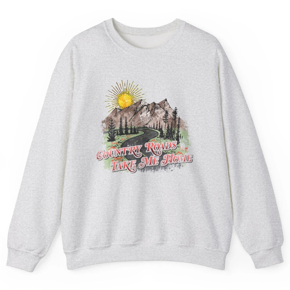 Retro Mountain Sunset Country Roads Take Me Home Western Unisex Crewneck Sweatshirt