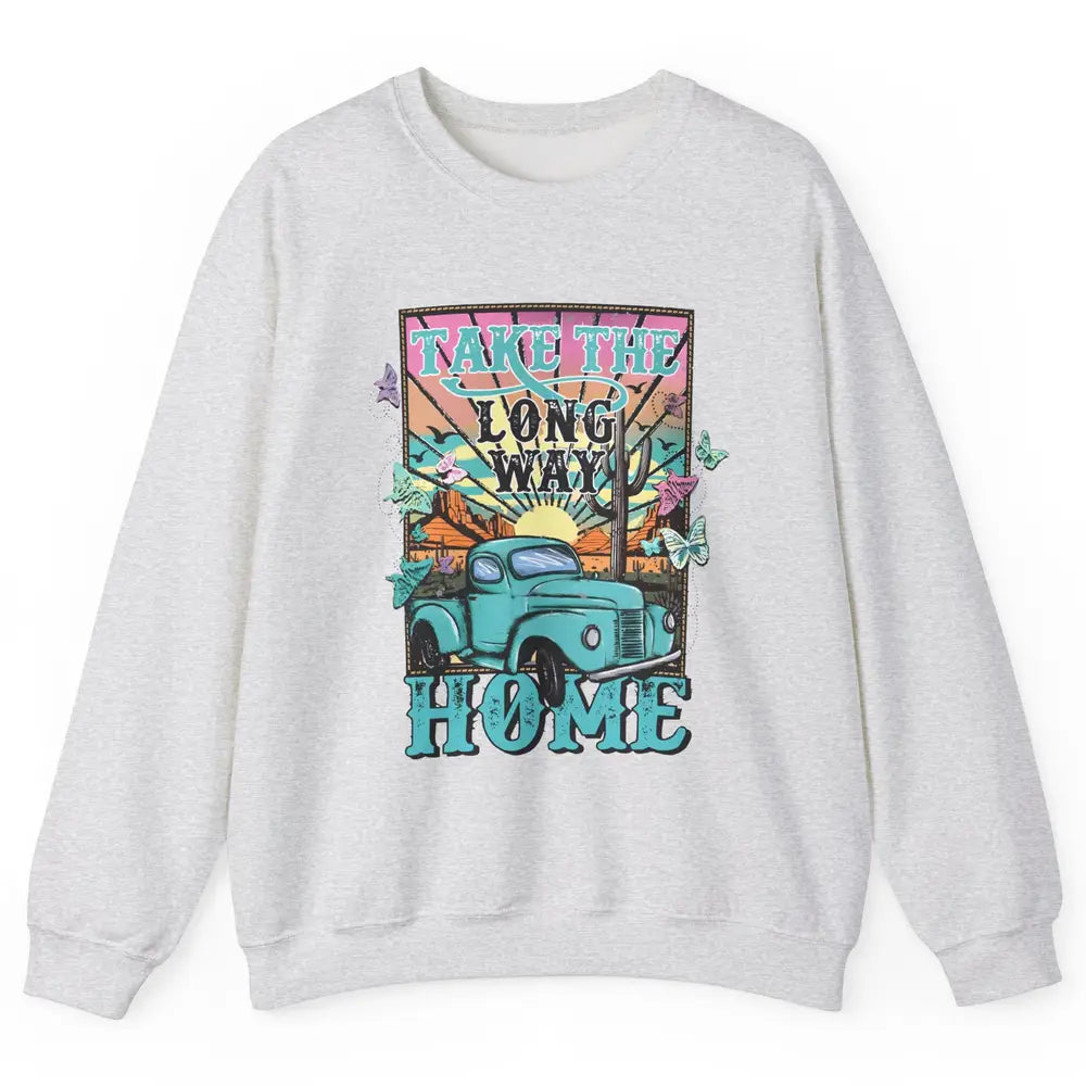 Retro Mountain Sunset Take The Long Way Home Western Country Unisex Crewneck Sweatshirt