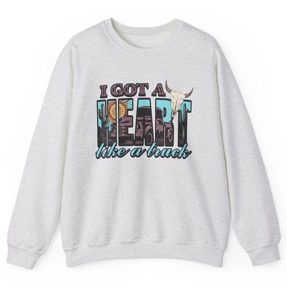 Retro Desert Bull Skull I Got A Heart Like A Truck Western Unisex Crewneck Sweatshirt