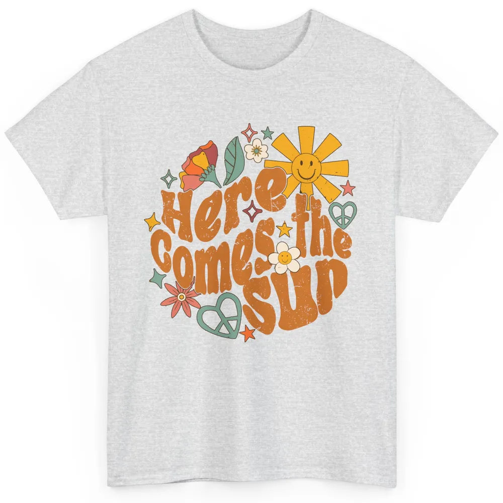 Retro Daisy Rainbow Sunrise Here Comes The Sun Hippie Girl Classic Unisex T-Shirt