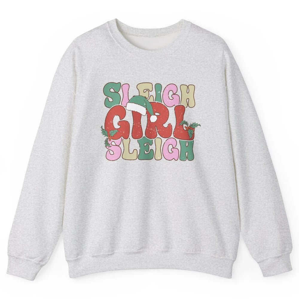 Retro Groovy Christmas Sleigh Girl Sleigh Santa Hat Winter Unisex Crewneck Sweatshirt