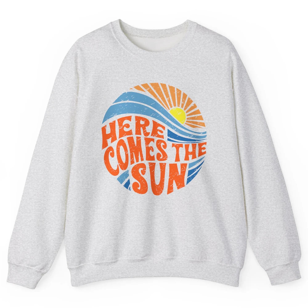 Retro Rainbow Sunrise Here Comes The Sun Hippie Girl Unisex Crewneck Sweatshirt