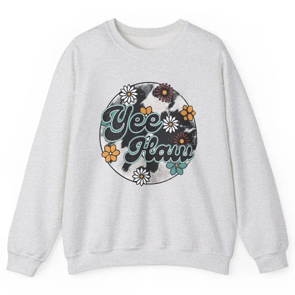 Retro Groovy Daisy Yee Haw Cowhide Western Country Cowgirl Unisex Crewneck Sweatshirt