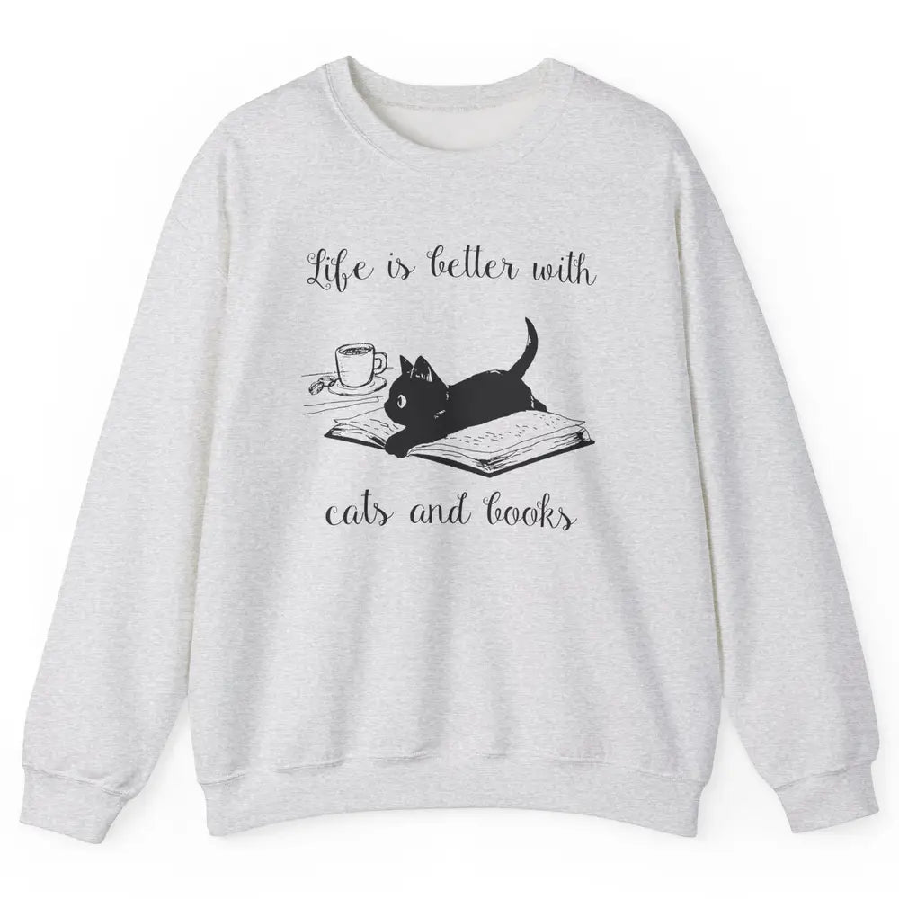 Retro Life Is Better With Cats And Books Reading Lovers Unisex Crewneck Sweatshirt
