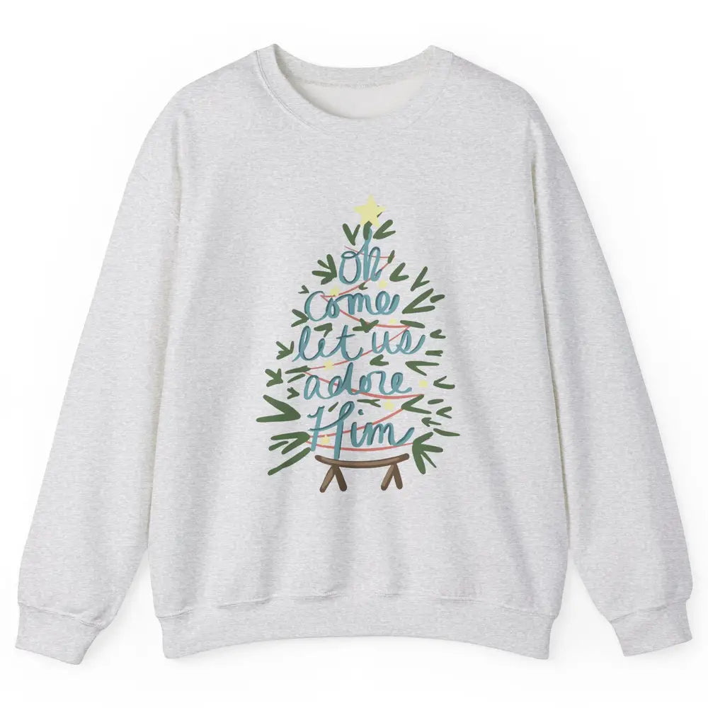Oh Come Let Us Adore Him Groovy Christmas Tree Church Xmas Unisex Crewneck Sweatshirt