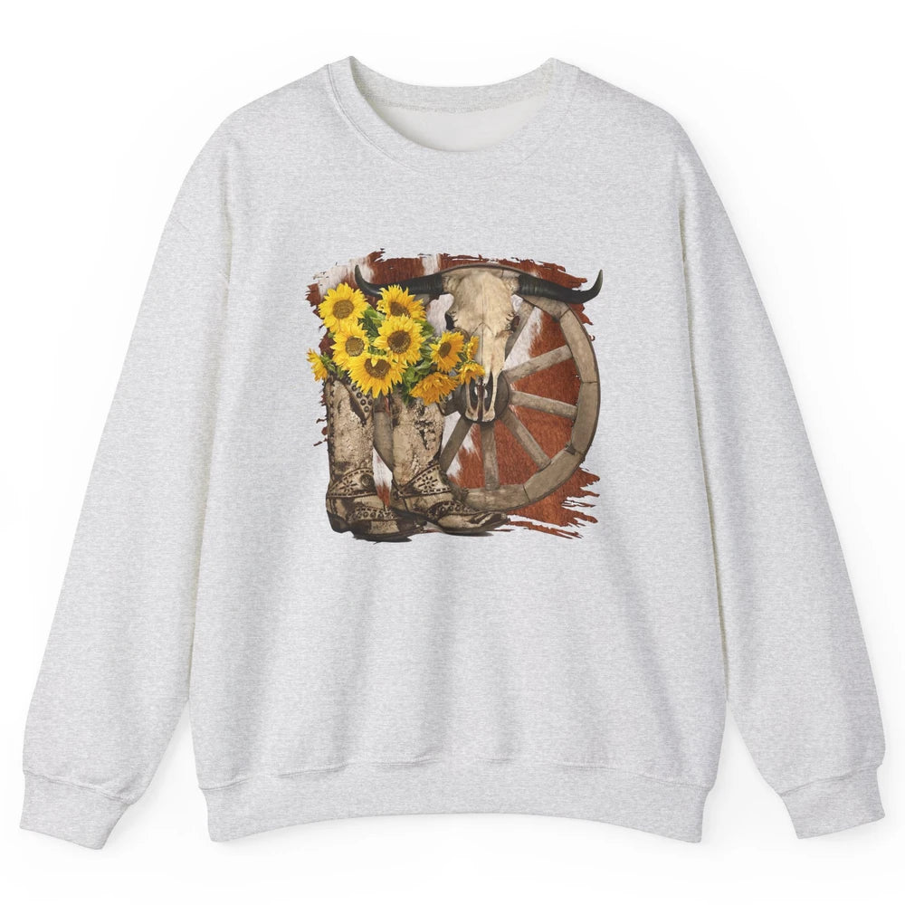 Retro Sunflower Cowgirl Boots Cow Skull Western Country Girl Unisex Crewneck Sweatshirt