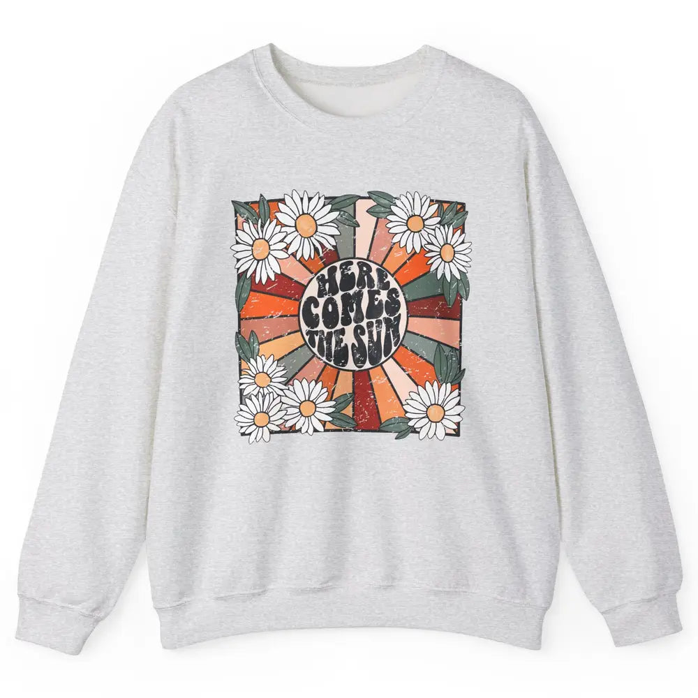 Retro Daisy Rainbow Sunrise Here Comes The Sun Hippie Girl Unisex Crewneck Sweatshirt