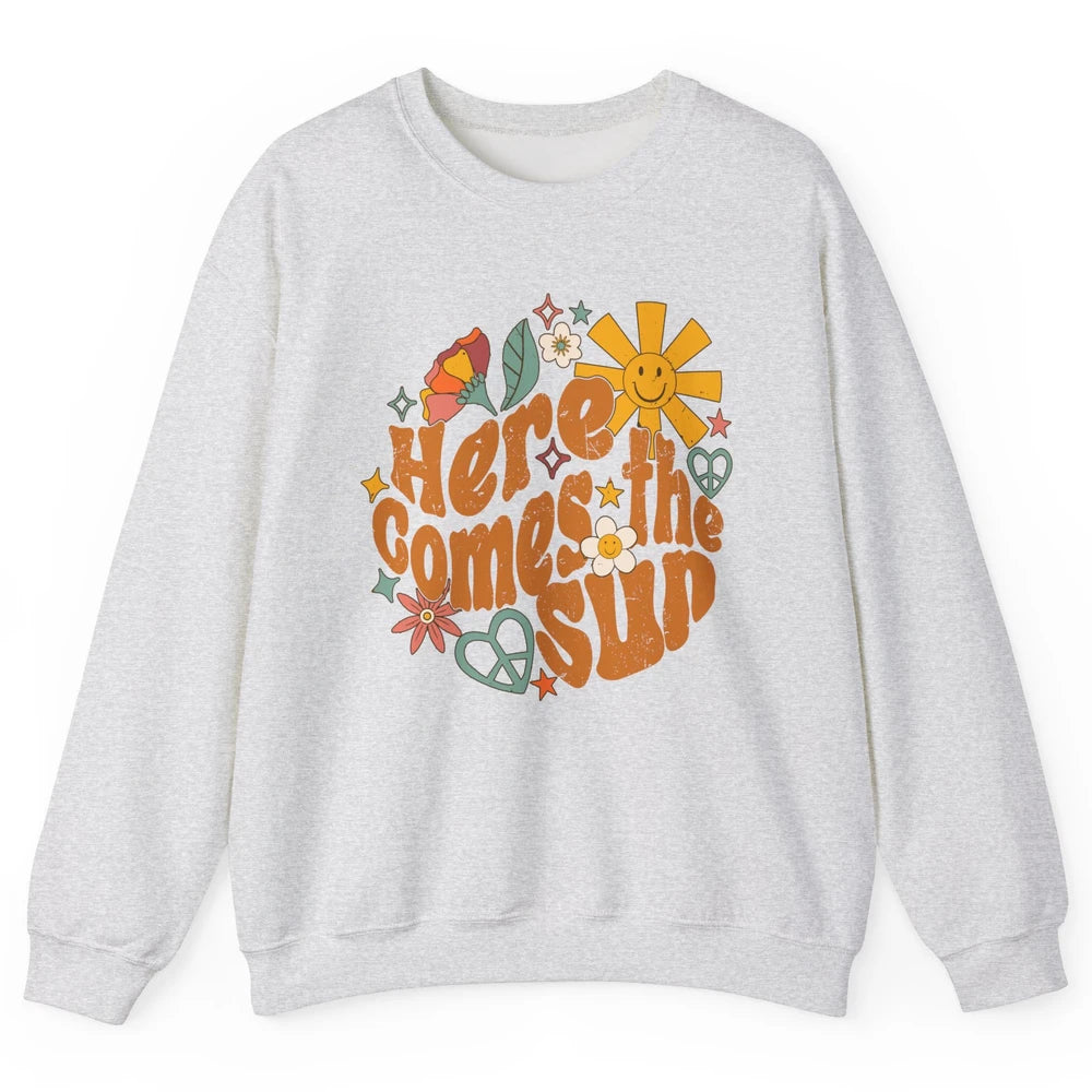 Retro Daisy Rainbow Sunrise Here Comes The Sun Hippie Girl Unisex Crewneck Sweatshirt