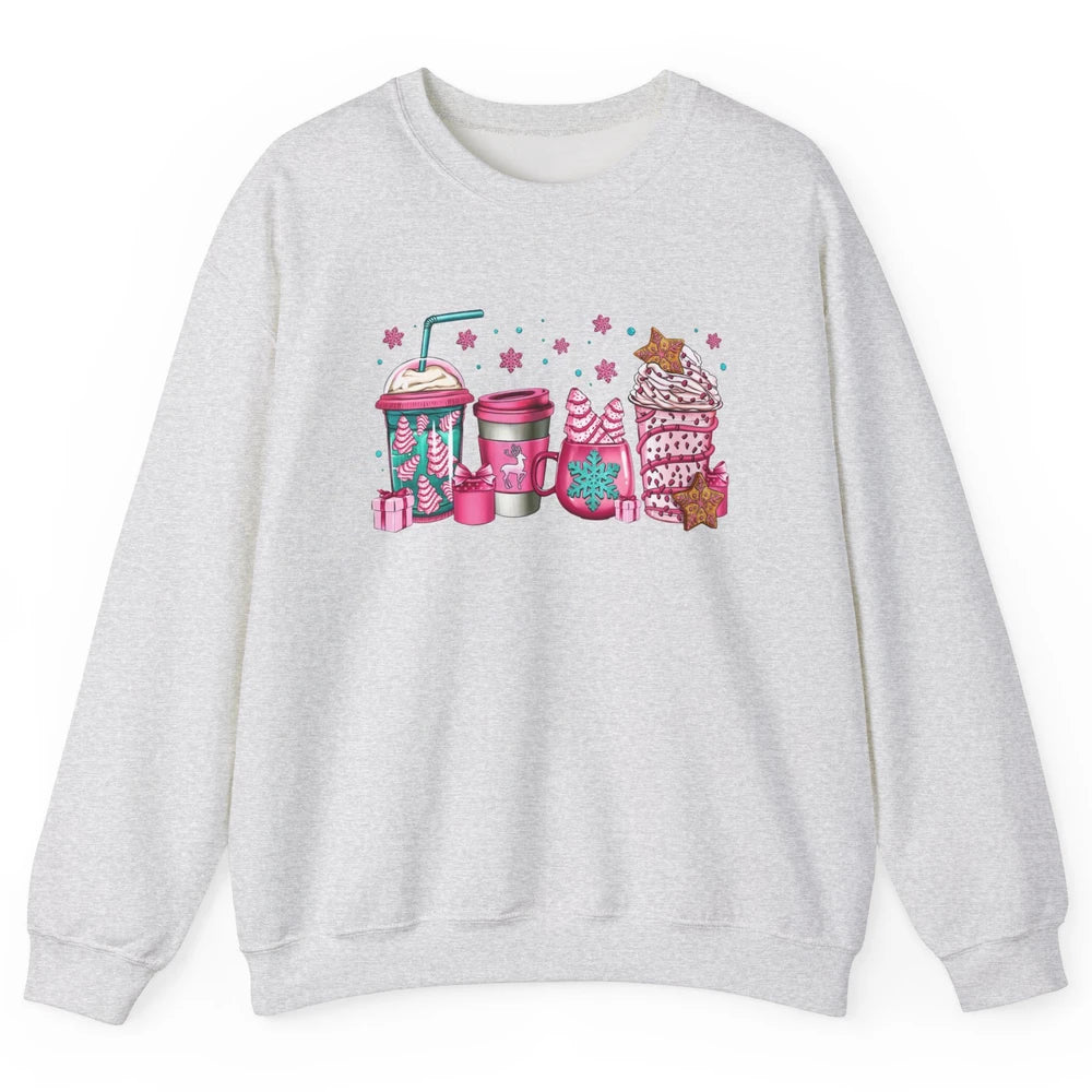 Pink Christmas Coffee Christmas Tree Cake Christmas Lovers Unisex Crewneck Sweatshirt