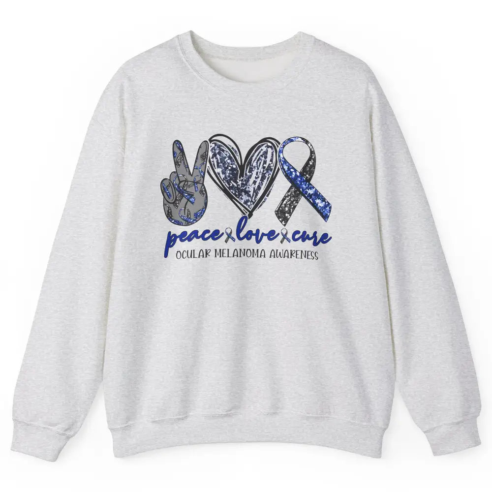 Ocular Melanoma Awareness Peace Love Cure Blue Ribbon Unisex Crewneck Sweatshirt