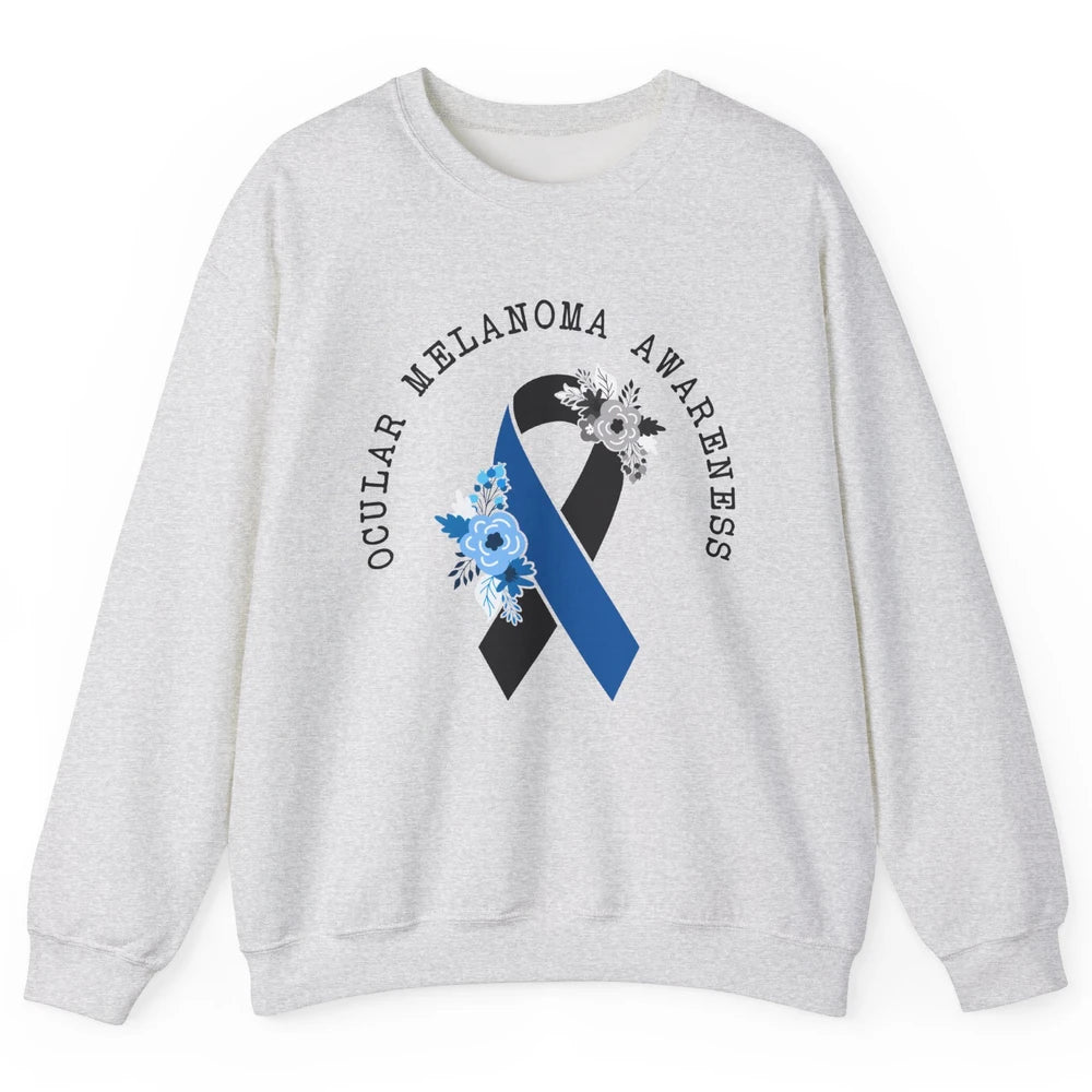Ocular Melanoma Awareness Floral Black Blue Ribbon Rainbow Unisex Crewneck Sweatshirt
