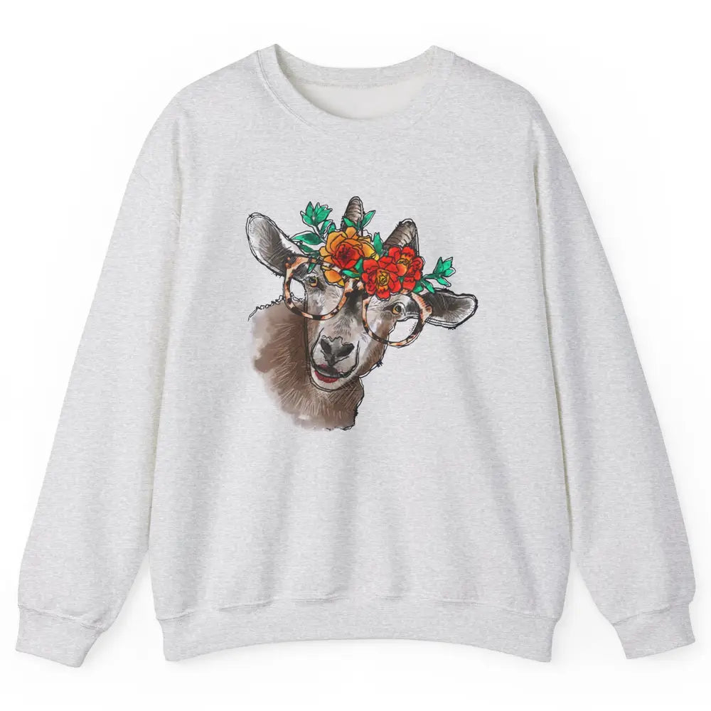 Retro Goat Glasses Flower Goat Girl Goat Lovers Gift Unisex Crewneck Sweatshirt