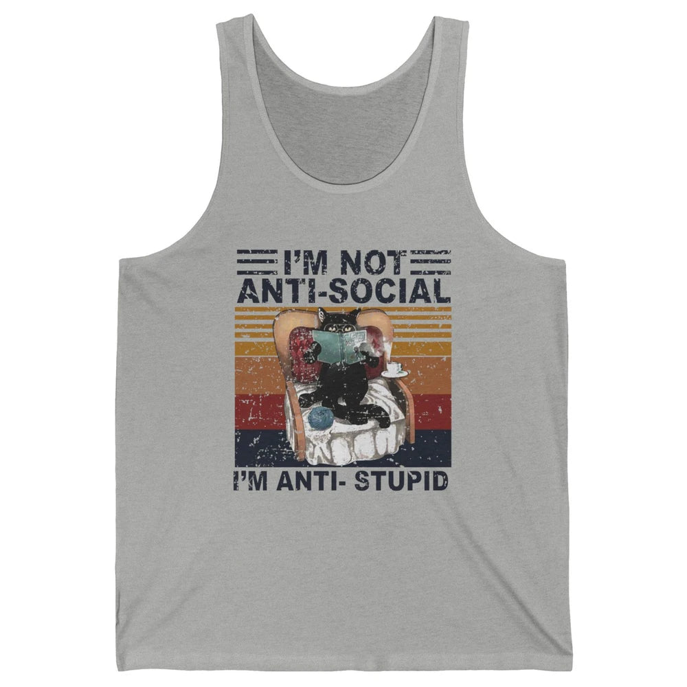 Retro Cat Reading I'm Not Anti-Social I'm Anti-Stupid Book Unisex Jersey Tank
