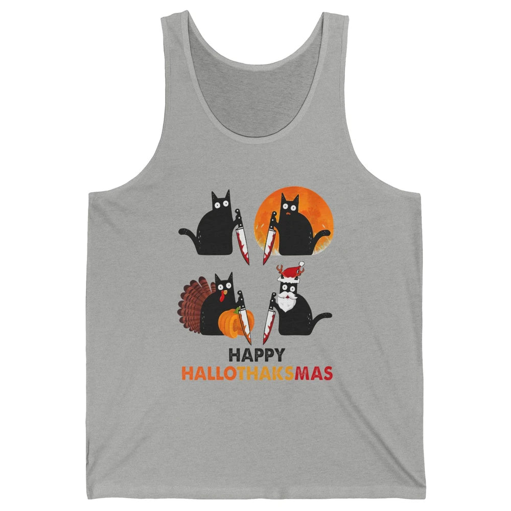 Funny Murderous Cat Turkey Hallo-thank-mas Thanksgiving Xmas Unisex Jersey Tank
