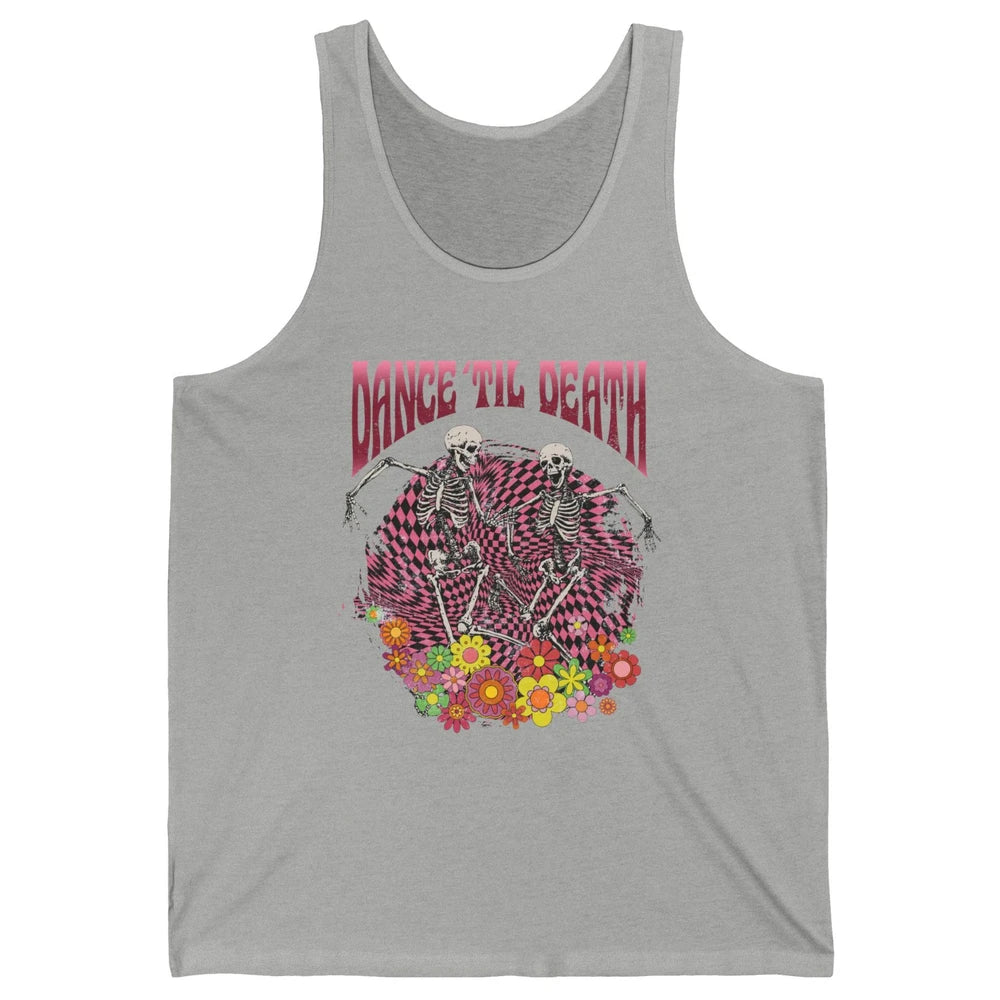 Retro Dancing Skeletons Dance Til Death Groovy Daisy Floral Unisex Jersey Tank