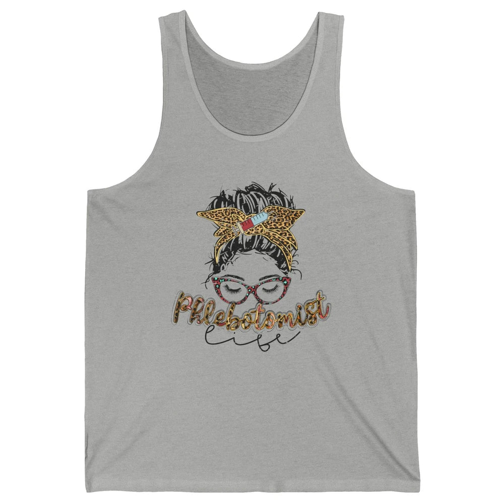 Retro Leopard Phlebotomist Life Messy Bun Mom Phlebotomy Unisex Jersey Tank