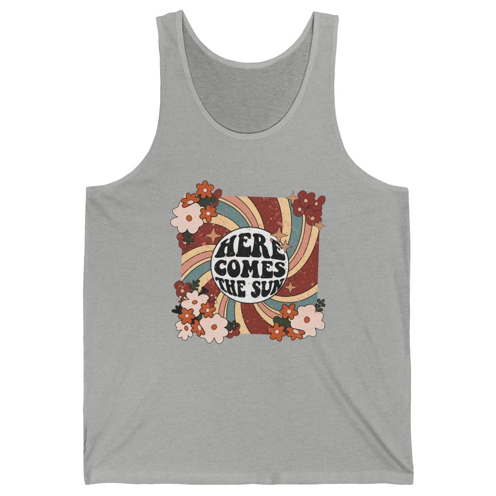 Retro Rainbow Sunrise Here Come The Sun Hippie Inspirational Unisex Jersey Tank