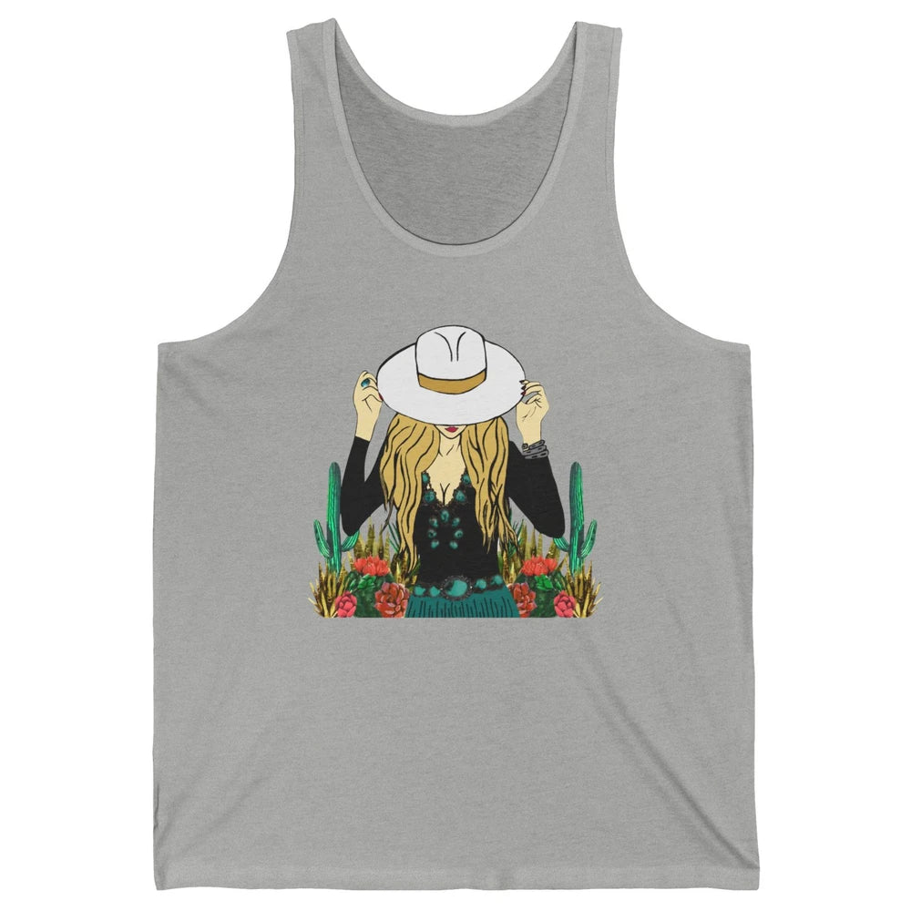 Retro Blonde Cowgirl Punchy Cowhide Turquoise Western Cowboy Unisex Jersey Tank