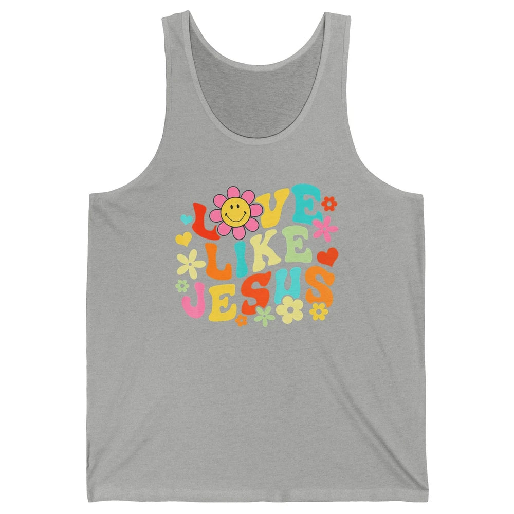 Retro Groovy Love Like Jesus Smiling Face Daisy Boho God Unisex Jersey Tank