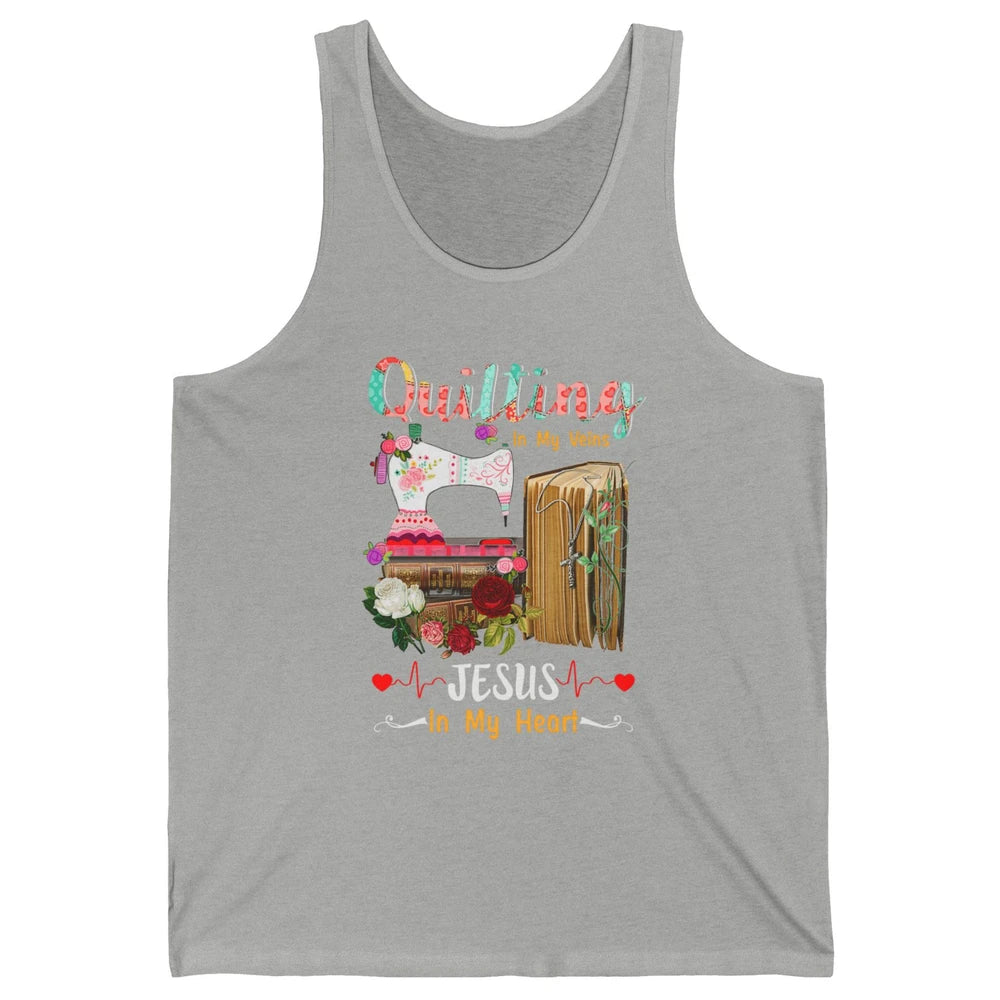 Quilting In My Veins Jesus In Heart Christian Retro Quilt Unisex Jersey Tank