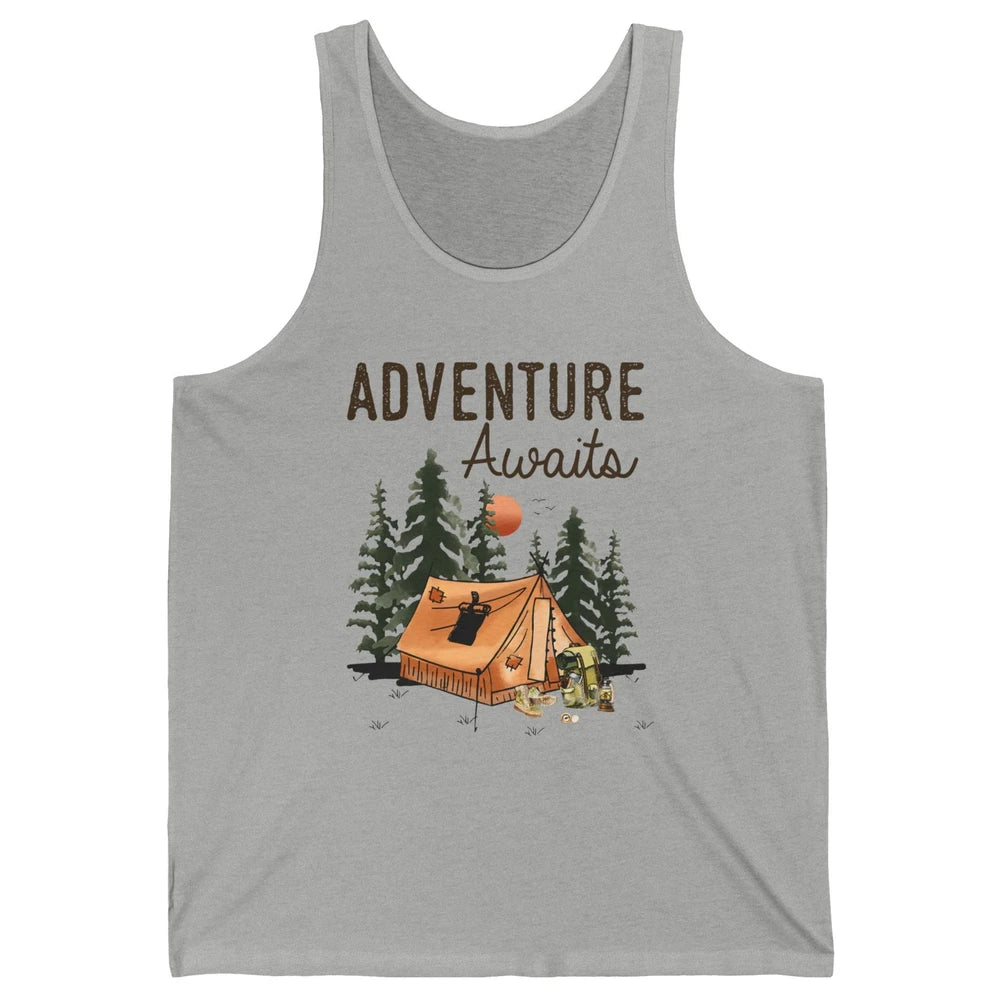 Retro Camping Tent Mountain Sunset Adventure Awaits Campers Unisex Jersey Tank