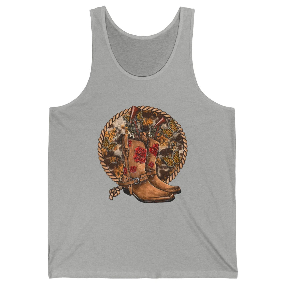 Retro Leopard Cowgirl Boots Sunflower Rodeo Western Country Unisex Jersey Tank