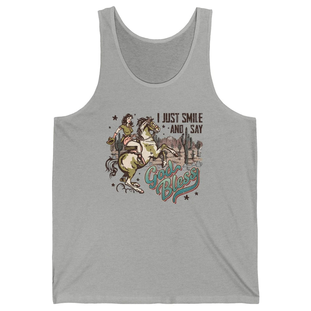 Retro Cowgirl Horsing I Just Smile And Say God Bless Western Unisex Jersey Tank