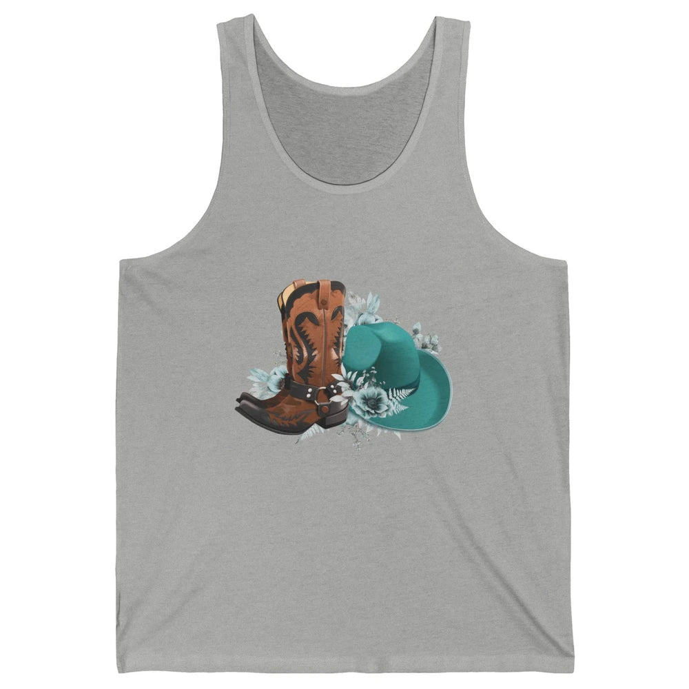 Retro Cowgirl Floral Turquoise Cowboy Boots Rodeo Western Unisex Jersey Tank