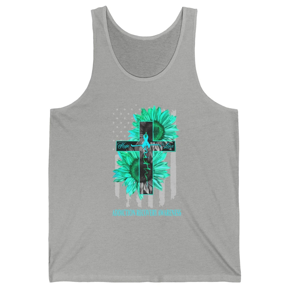 Addiction Recovery Faith Hope Love Teal US Flag Jesus Cross Unisex Jersey Tank