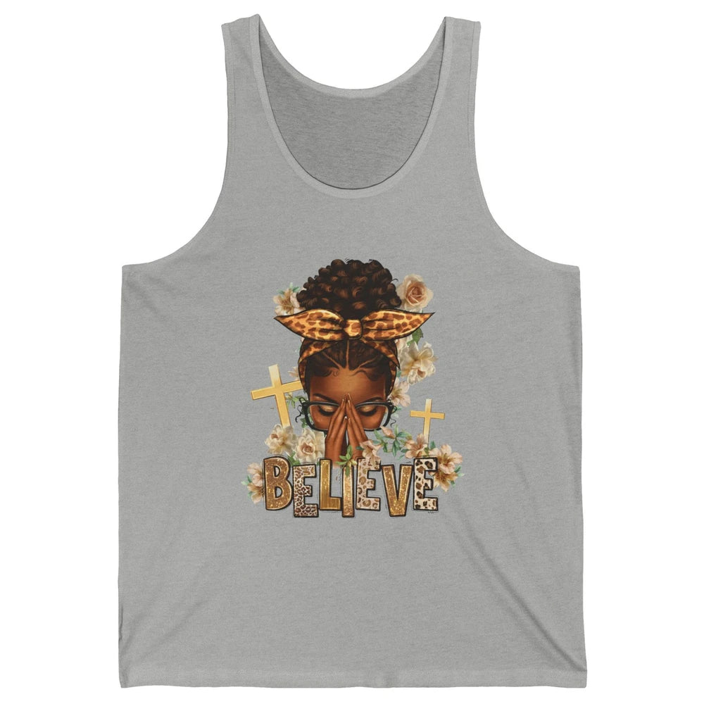 Floral Leopard Afro Messy Bun Believe Christian Religious Unisex Jersey Tank